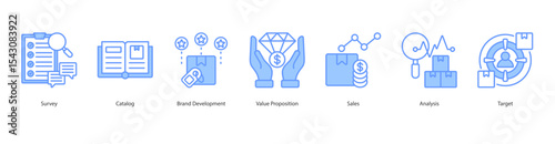 Brand Development banner web icon set vector illustration concept with icon of survey, catalog, brand development, value proposition, sales, analysis, target