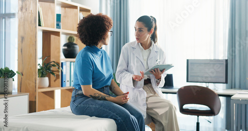 Tablet, consultation and woman with doctor in hospital for healthcare records with treatment plan. Digital technology, checkup and medical worker with patient for research on diagnosis in clinic.