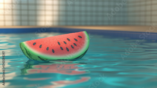 Aerial view of a fun watermelon in pool high fidelity indoor summer scene