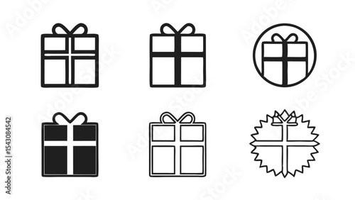 Illustration of six gift box icons with various designs and styles in a vector format display