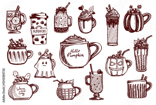 Creative illustration of various seasonal beverages featuring pumpkins, ghosts, and festive elements in a playful design. Vector