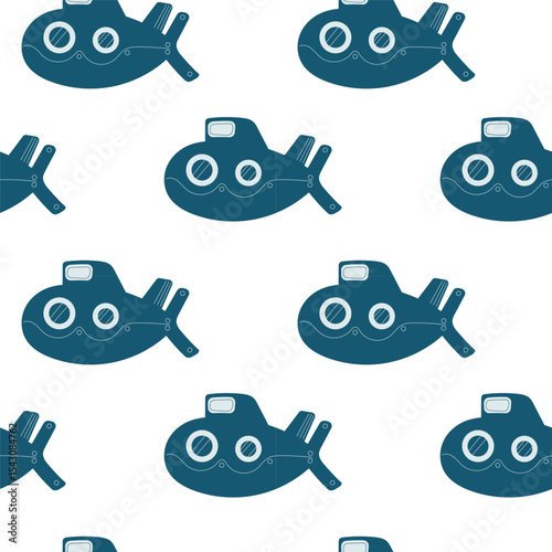 Seamless vector pattern featuring playful submarines on a clean white background, perfect for maritime-themed designs