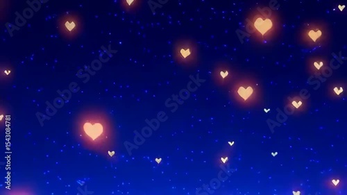 A dark blue night sky filled with glowing hearts of various sizes, twinkling among scattered stars.