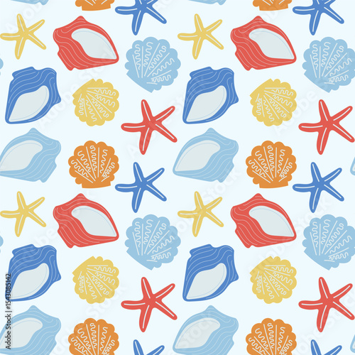 Seamless vector pattern of colorful seashells and starfish on a light background for beach-themed designs