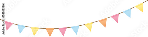 Carnival colored garlands and bunting. Festive triangle flags on rope for decoration of party, holiday, event, festive, celebration. Colorful pennants for banner, flyer, template PNG design element