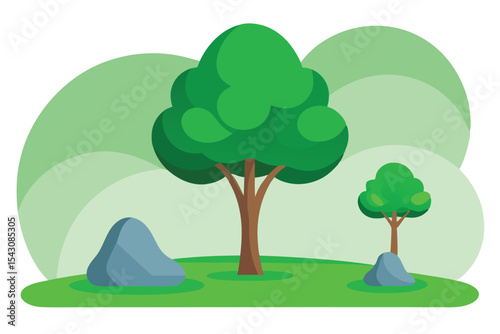 Cartoon Landscape Trees, Rocks, Green Background, Peaceful Nature Illustration with Minimalist Design