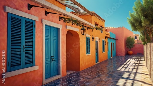 Colorful Mediterranean-style terrace houses, 3D rendering, vibrant tones, midday lighting