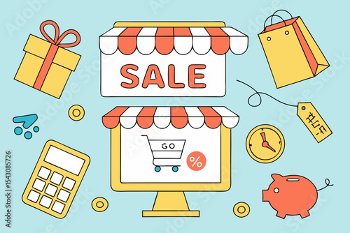 Colorful flat vector of e commerce sale with piggy bank, timer and discount