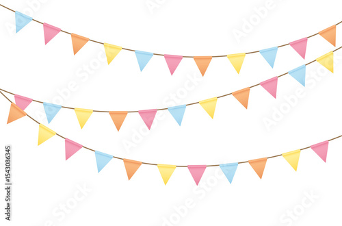 Festive Carnival garlands and bunting. Colorful triangle flags on rope for decoration of party, holiday, event, festive, celebration. Colorful pennants for banner, flyer template PNG design element