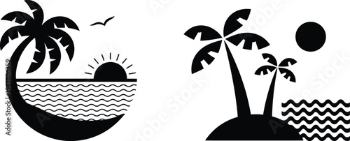 Simple Black and White Tropical Island Sunset Scene