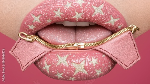 A close-up of a person's lips with pink lipstick and gold stars.