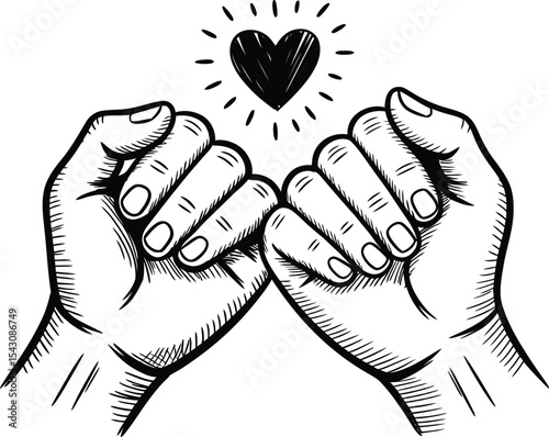 Pinky swear hands with heart illustration in black and white style