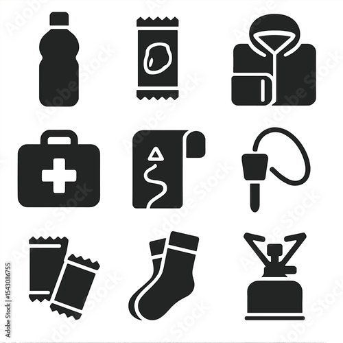 Backpack Essentials Icons. Solid vector icons of backpack content essentials: water bottle icon, trail snack pack, rain jacket