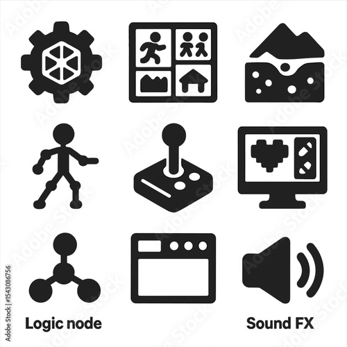Game Design Tool Icons. Solid vector icons of game design tools: game engine icon, sprite sheet, terrain builder, character rig