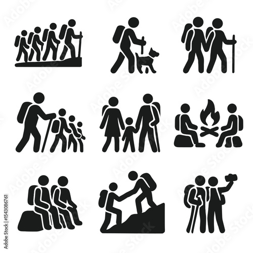 Hiking Companionship Icons. Solid vector icons of hiking companionship: group hike icon, dog on trail, couple hiking together,
