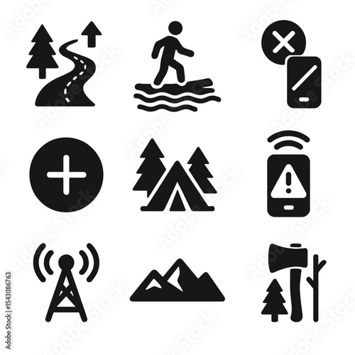 Remote Trail Icons. Solid style icons of remote trails and backcountry: wilderness route icon, river crossing, no signal icon,