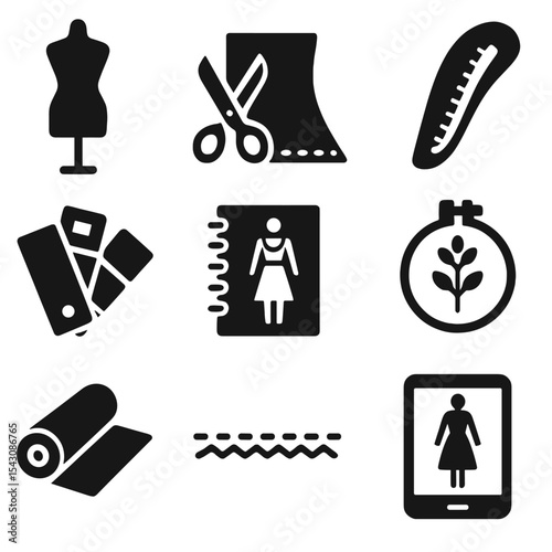 Fashion Tools Icons. Solid vector icons of fashion and textile tools: dress form icon, scissors and fabric, pattern ruler, color