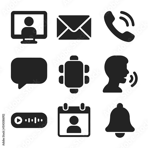 Solid Communication Icons. Solid style icons of communication and meetings: video call screen, email envelope, phone with sound