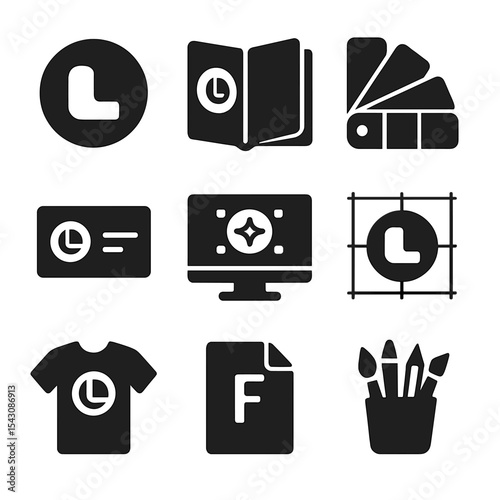 Branding Icons Collection. Solid vector icons of branding and identity: company logo icon, brand guidelines book, color palette