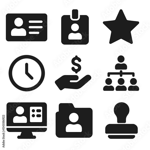Employee Management Icons. Solid vector icons of employee management: HR profile card, employee ID badge, performance star, time