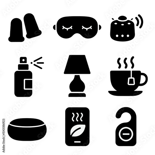 Rest Essentials Icons. Solid vector icons of quiet and rest essentials: earplugs icon, sleep mask, noise machine, calming spray,