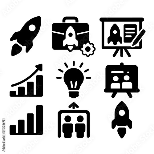 Startup and Innovation Icons. Solid vector icons of startup and innovation: rocket launch icon, startup briefcase, pitch deck