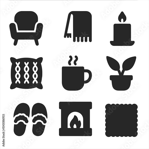 Cozy Home Essentials Icons. Solid vector icons of cozy home essentials: reading nook chair, soft throw blanket, steaming mug icon,