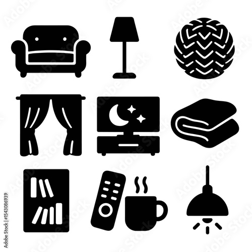 Cozy Living Room Icons. Solid style icons of living room warmth: cushioned sofa, floor lamp icon, knit pouf, soft drapes, cozy TV