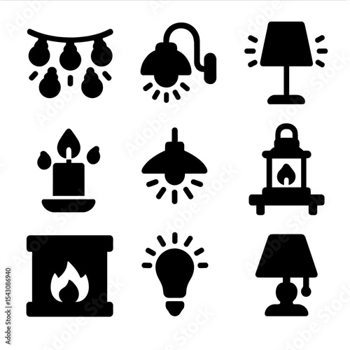 Cozy Home Lighting Icons. Solid vector icons of cozy home lighting: fairy lights string, wall sconce icon, floor lamp glow,