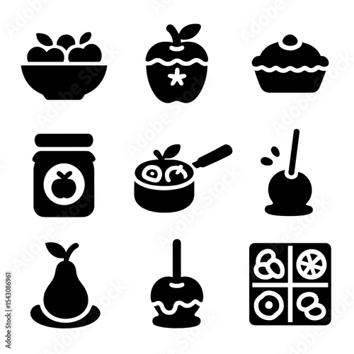 Fruit Cooking Icons. Solid vector icons of cooking with fruit: fruit salad bowl, baked apple icon, fruit tart, jam jar, fruit