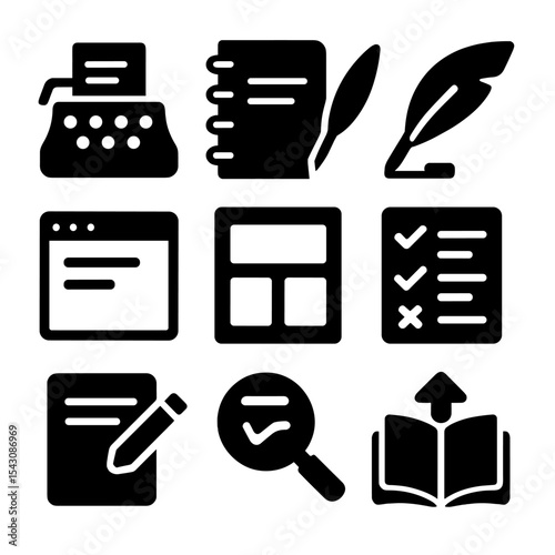 Writing Tools Icons. Solid vector icons of writing and publishing tools: typewriter icon, writing notebook, feather quill icon,