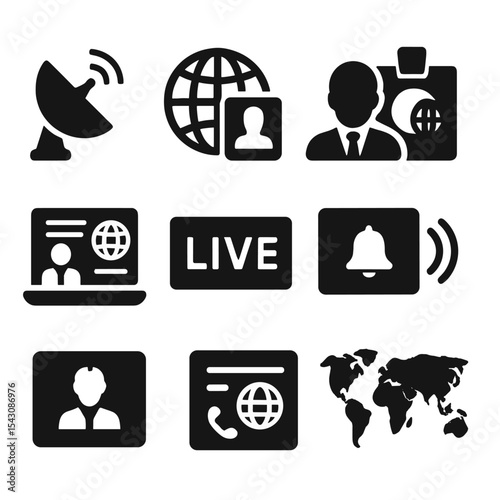 Media Icon Set. Solid vector icons of media and journalism communication: news satellite icon, international headlines symbol,