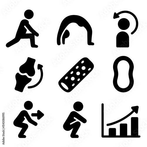Mobility Vector Icons. Solid vector icons of mobility and flexibility: leg stretch icon, backbend symbol, shoulder roll, joint