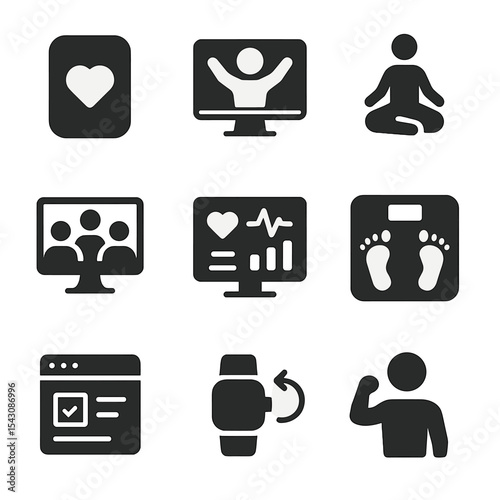 Digital Fitness Icons. Solid vector icons of digital fitness and wellness tools: mobile app icon, workout video screen, online