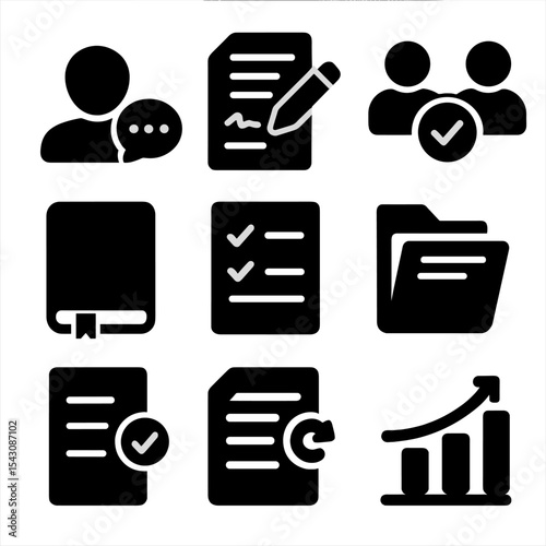 Feedback and Development Icons. Solid style icons of feedback and development: teacher comment bubble, draft with notes, peer