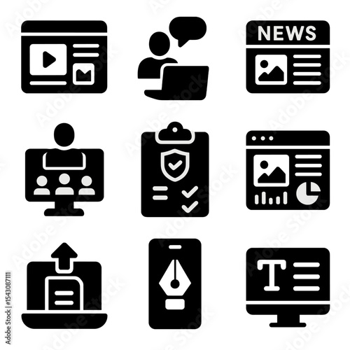 Digital Journalism Icons. Solid style icons of digital journalism education: e-learning module icon, webinar session, news editing