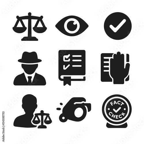 Media Ethics Icons. Solid style icons of media ethics and integrity: ethics scale, truth icon, verified symbol, anonymous source