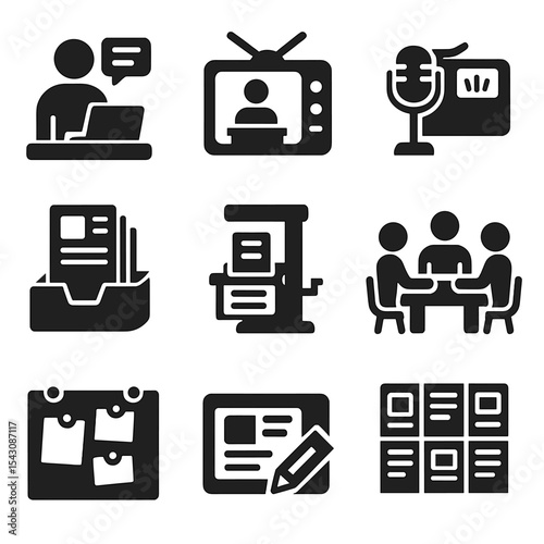 Media Icons Collection. Solid style icons of newsroom and school publication: student newsroom icon, campus TV icon, radio booth,