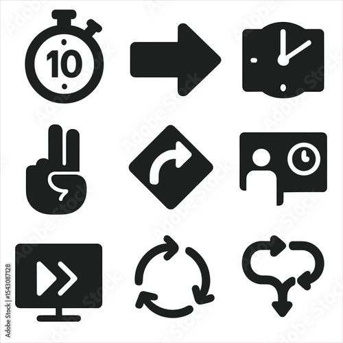 Pitch Timing Icons. Solid style icons of pitch timing and flow: countdown timer, pace arrow, segment clock, slide change signal,