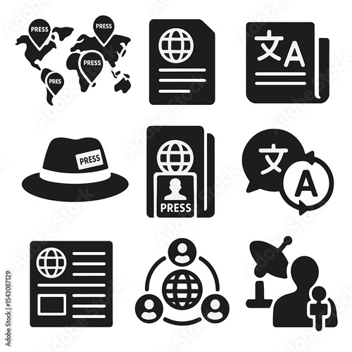 Global Journalism Symbols. Solid style icons of international journalism learning: world map with press markers, global report