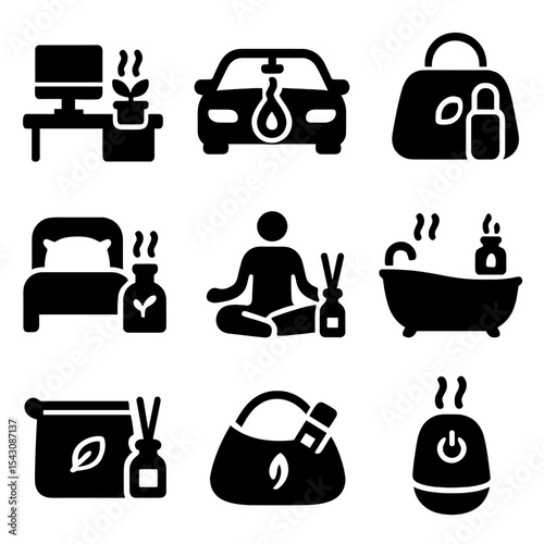 Personal Space Aromatherapy Icons. Solid style icons of personal space wellness: aromatherapy in workspace, car diffuser icon,