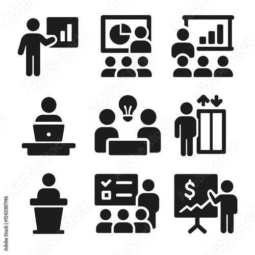 Pitch Icons Collection. Solid style icons of pitch formats and styles: solo pitch, panel presentation, group pitch icon, demo