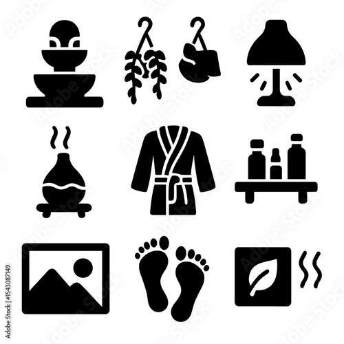 Serene Spa Icons. Solid style icons of spa environment and decor: indoor fountain, hanging plants, soft lighting icon, wood
