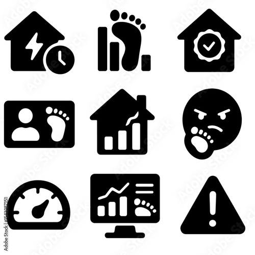 Energy Footprint Icons. Solid style icons of personal energy footprint awareness: home usage tracker, footprint graph icon,