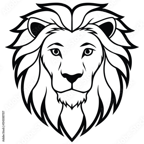Majestic lion face gazes forward with a symmetrical mane in a bold black outline