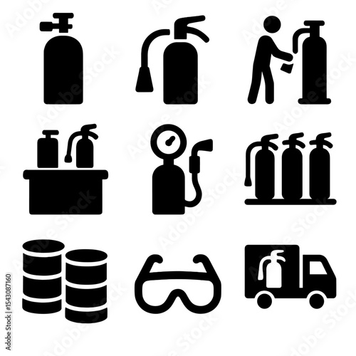 Fire Extinguisher Refill Icons. Solid vector icons of fire extinguisher refill stations: refill tank, hose attachment, technician