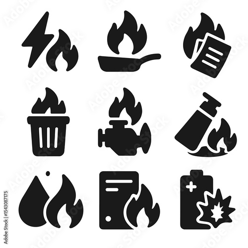 Fire Hazard Icons. Solid vector icons of fire hazards requiring extinguishers: electrical fire, grease fire, paper fire, trash can