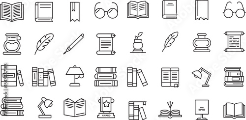 Black And White Line Art Icons Set Books Reading Literature Education Study Writing Pen Pencil Inkwell Scroll