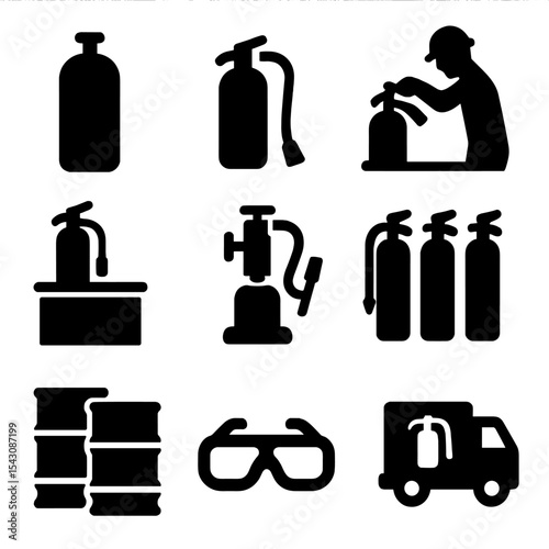 Fire Extinguisher Refill Icons. Solid vector icons of fire extinguisher refill stations: refill tank, hose attachment, technician