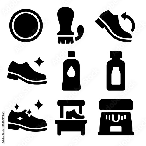 Shoe Polishing Icons. Solid vector icons of shoe polishing: polish tin, polish applicator brush, buffing motion icon, wax shine